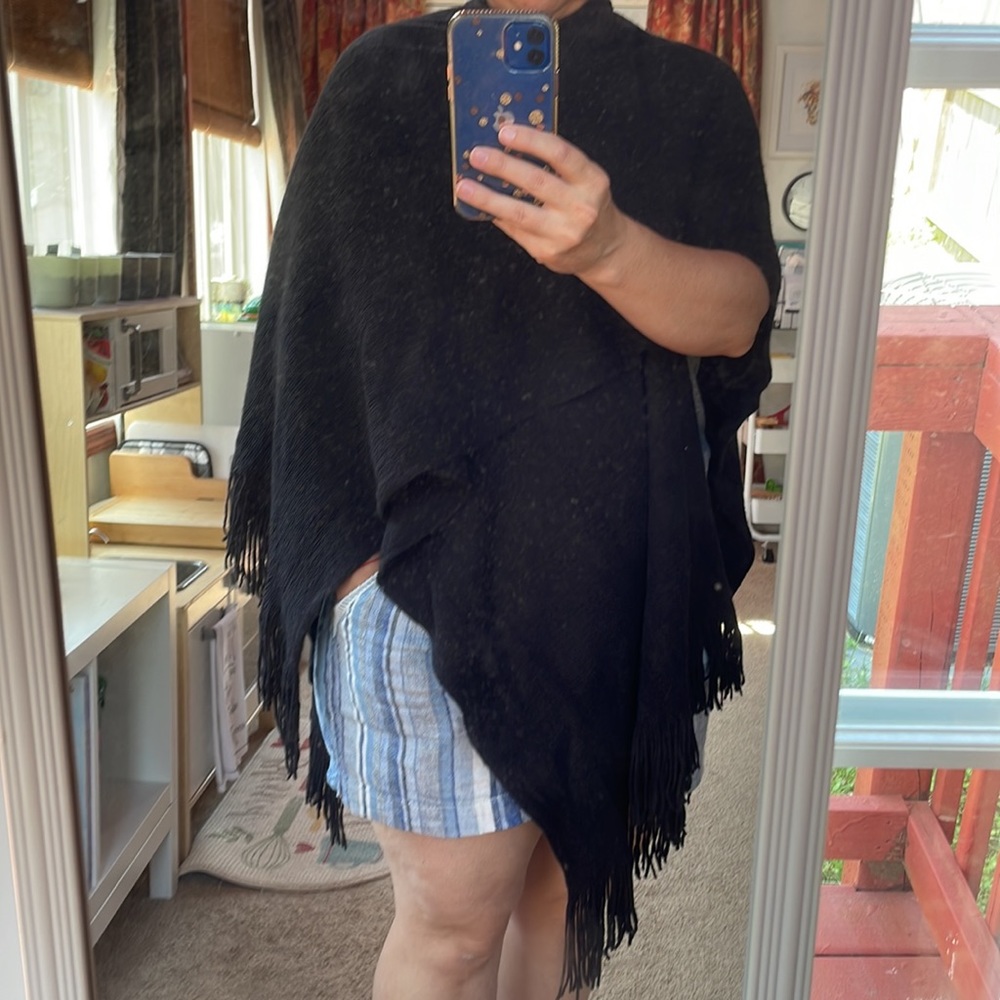 Long black poncho style wrap with tassel edging- super soft fabric